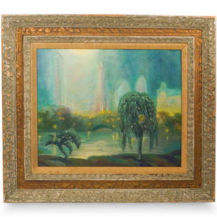 In The Manner Of Johann Berthelsen(American, 1883-1972): DESCRIPTION: An oil on canvas painting depicting Central Park in New York. Signed lower right, "Johann Berthelsen". Framed in a carved gilt wood frame.CIRCA: Early - Mid 20th CenturyORIGIN: