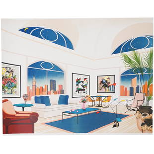 Francois Ledan (American, b. 1949) Color Lithograph: DESCRIPTION: A limited edition Color lithograph on wove paper, titled "New York Nights" depicts an interior apartment with artworks by Calder, Miro, and Chagall. Hand signed and numbered "Fanch"