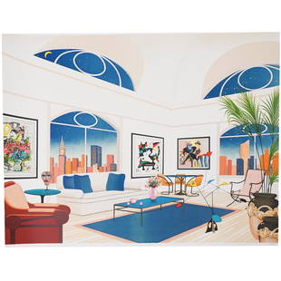 Francois Ledan (American, b. 1949) Color Lithograph: DESCRIPTION: A limited edition Color lithograph on wove paper, titled "New York Nights" depicts an interior apartment with artworks by Calder, Miro, and Chagall. Hand signed and numbered "Fanch" "217/