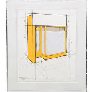 Christo (Bulgaria, b. 1935) Color Lithograph: DESCRIPTION: A limited edition lithograph in color with a collage of acetate and cloth on Arches paper, mounted to museum board. Titled "Yellow Store Front, (Project)", hand signed and numbered by