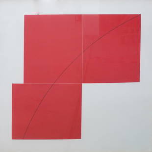 Robert Mangold (American, b. 1937) Color Lithograph: DESCRIPTION: A limited edition color lithograph by Robert Peter Mangold, titled "A. Red", depicts three red squares with black curvilinear line. Hand signed, numbered "18/50" and titled on lower