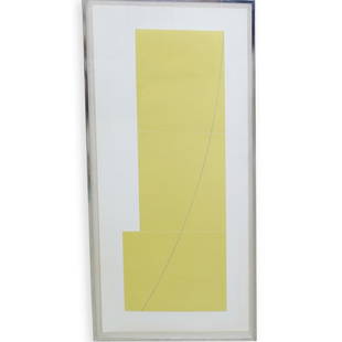 Robert Mangold (American, b. 1937) Color Lithograph: DESCRIPTION: A limited edition color lithograph by Robert Peter Mangold, titled "C. Yellow", depicts three yellow squares with black curvilinear line. Hand signed, numbered "18/50" and titled on lower