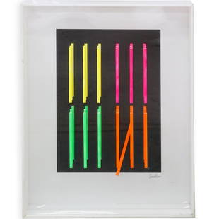 Leonard Janklow (American, 1919-2006) Mixed Media: DESCRIPTION: A mixed media (colored acrylic and painted wood) kinetic art illustration by Leonard Janklow, titled "Simplistic I", depicts vivid neon vertical lines, Signed lower right, framed in