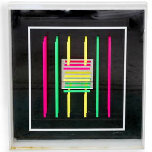 Leonard Janklow (American, 1919-2006) Mixed Media: DESCRIPTION: A mixed media (including acrylic, silkscreen and mirror) kinetic optical art illustration by Leonard Janklow. Titled "Overlap Stripes". Depicts vivid neon vertical and horizontal lines