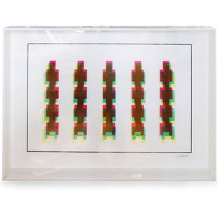 Leonard Janklow (American, 1919-2006) Mixed Media: DESCRIPTION: A kinetic optical art illustration by Leonard Janklow (1919-2006) features a 3-tier pattern in primary colors. Signed lower right, "Janklow". Framed under glass.CIRCA: 20th