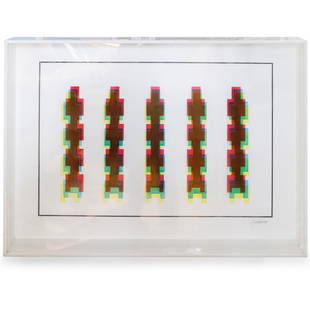 Leonard Janklow (American, 1919-2006) Mixed Media: DESCRIPTION: A kinetic optical art illustration by Leonard Janklow (1919-2006) features a 3-tier pattern in primary colors. Signed lower right, "Janklow". Framed under glass. CIRCA: 20th Century ORIGI