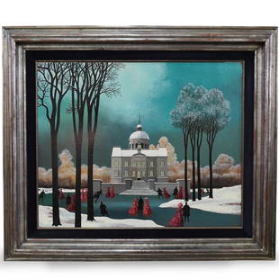 Gaston Bogaert (Belgian, 1918-2008) Oil Painting: DESCRIPTION: An oil on panel painting by surrealist artist Gaston Bogaert. Titled "Le Bal du Comte D'Orgel". Features a romantic scene with gentlemen executed as black silhouettes and women dressed