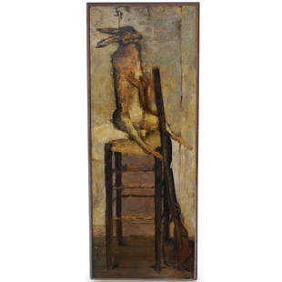 Paul Rebeyrolle (French, 1926-2005) Oil on Masonite: DESCRIPTION: An oil on masonite painting by French painter Paul Rebeyrolle. Titled "Dead Rabbit", depicts a seated rabbit with tall shotgun by his side. Signed and dated lower left, "Rebeyrolle 53".