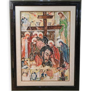 Eduardo Arrocha (Cuban, 20th Century) Oil Painting: DESCRIPTION: An oil on canvas painting depicting a religious scene with various figures. Signed and dated lower right, "E. Arrocha, 1999", also signed and dated on the reverse. Framed in a 1.5" black