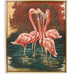 Rare Leonard Janklow (American, 1919-2006) Acrylic on: DESCRIPTION: A rare acrylic on paper painting by Leonard Janklow, depicting flamingos in the water, signed and dated lower right, "Len Janklow 58'. Note: Leonard Janklow is best known for his kinetic