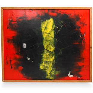 Marion Riseman (American, 1928-2010) Oil on Canvas: DESCRIPTION: An oil on canvas painting depicting an abstract composition in red, black and yellow. Signed and dated lower left, "Riseman 77". Floating in a 1/2" shadow box frame. Exhibition History: M