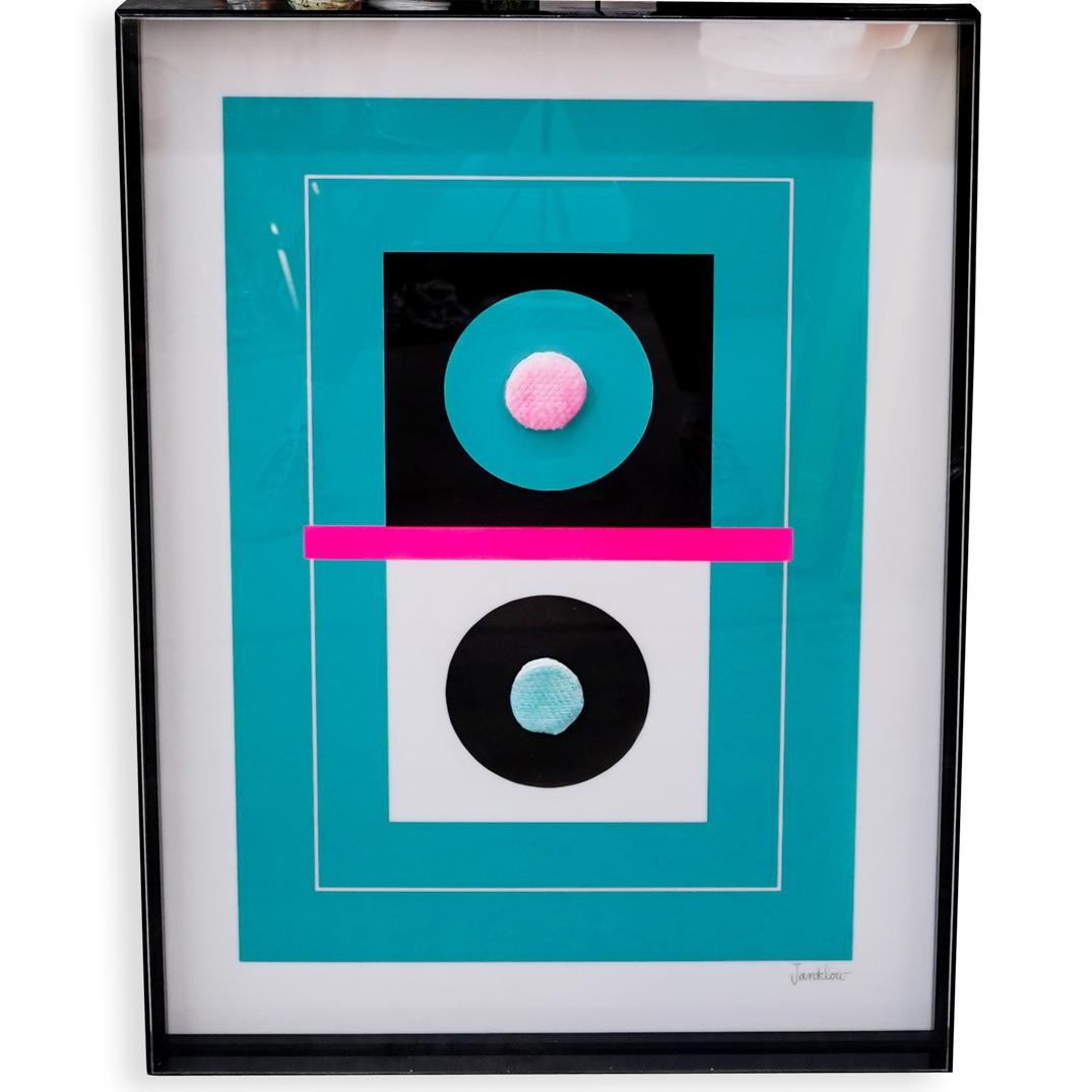 Leonard Janklow (American, 1919-2006) Mixed Media: DESCRIPTION: A mixed media (including opaque acrylic and painted plexiglass and painted velcro) kinetic art illustration by Leonard Janklow. Signed lower right "Janklow" Framed in plexiglass. Provenan