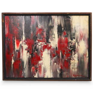 Marion Riseman (American, 1928-2010) Oil on Canvas: DESCRIPTION: An oil on canvas painting depicting an abstract composition in red, black and white. Signed and dated lower left, "Riseman 74". Floating in a 1/2" shadow box frame. Exhibition History: Ma