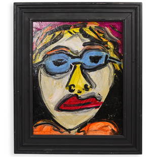 Peter Keil (German, b. 1942) Acrylic on Panel: DESCRIPTION: An acrylic on wood panel painting, depicts a portrait in various colors executed in an abstract style. Signed on the reverse, "Peter Keil Berlin". Framed.CIRCA: Mid - Late 20th