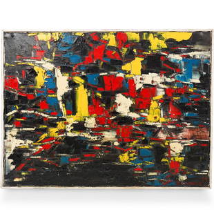 Marion Riseman (American, 1928-2010) Oil on Canvas: DESCRIPTION: An oil on canvas painting depicting an abstract composition in primary colors against a black background. Signed and dated lower left, "Riseman 75". Floating in a 1/2" shadow box