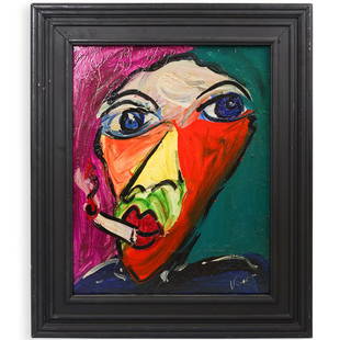 Peter Keil (German, b. 1942) Acrylic on Panel: DESCRIPTION: An acrylic on panel painting by German artist Peter Keil. Depicts a self portrait with cigarette in various colors. Signed and dated lower right, "Keil" also signed on the reverse.
