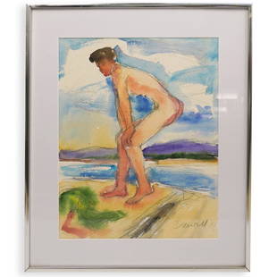 Signed Watercolor on Paper: DESCRIPTION: A watercolor on paper depicting a nude figure on the shoreline with river and mountains in the background. Signed and dated lower right, "Danrell 85". Framed under glass.CIRCA:
