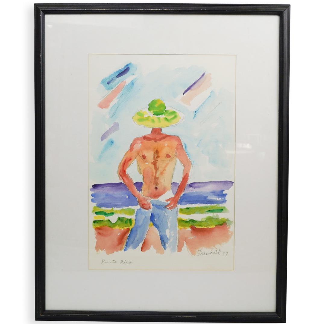 Signed Watercolor on Paper: DESCRIPTION: A watercolor on paper depicting a man at the beach with shoreline, water and sky in the background. Hand signed in pencil, titled and dated, "Daniel R, 99" "Puerto Rico" CIRCA: 1990s ORIG