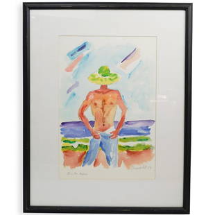 Signed Watercolor on Paper: DESCRIPTION: A watercolor on paper depicting a man at the beach with shoreline, water and sky in the background. Hand signed in pencil, titled and dated, "Daniel R, 99" "Puerto Rico"CIRCA: