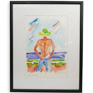 Signed Watercolor on Paper: DESCRIPTION: A watercolor on paper depicting a man at the beach with shoreline, water and sky in the background. Hand signed in pencil, titled and dated, "Daniel R, 99" "Puerto Rico" CIRCA: 1990s ORIG