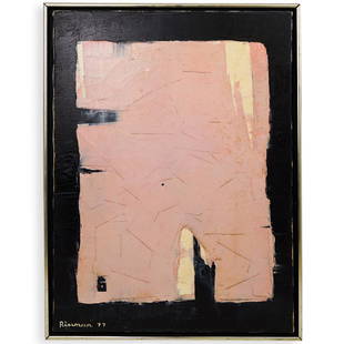 Marion Riseman (American, 1928-2010) Oil on Canvas: DESCRIPTION: An oil on canvas painting depicting an abstract composition in pink with white accents against a black background. Signed and dated lower left, "Riseman 77". Floating in a 1/2" shadow box