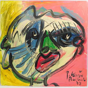 Peter Keil (German, b. 1942) Acrylic on Panel: DESCRIPTION: An acrylic on wood panel painting, depicts a portrait in various colors executed in an abstract style. Signed and dated lower right,, "Peter Keil 78". Also signed and dated on the