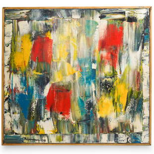 Marion Riseman (American, 1928-2010) Oil on Canvas: DESCRIPTION: An oil on canvas painting depicting an abstract composition in primary colors. Signed and dated lower left, "Riseman 78". Floating in a 1/2" shadow box frame. Exhibition History: Marion S