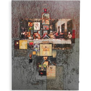 Patrick Archer (American, b. 1926) Mixed Media: DESCRIPTION: A mixed media (collage over giclee) on canvas, depicting several images of Leonardo Da Vinci's works of art. Signed lower left, "Patrick Archer, 2005" The reverse is also signed, titled a