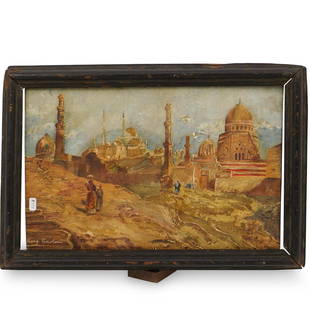 Signed Oil on Panel Painting: DESCRIPTION: An oil painting depicting Cairo, Egypt with figures in landscape and architecture mosques in the distance. Signed indistinctly lower left, "Marg Constant" Framed. The reverse has a