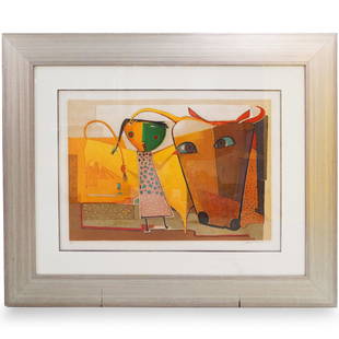 Angel Botello (Puerto Rico, 1913-1986) Lithograph: DESCRIPTION: A Hors de Commerce lithograph by Angel Botello, depicting a young girl with a cow. Hand signed lower right. Framed under glass.CIRCA: 20th CenturyORIGIN: ContinentalDIMENSIONS: Image H.