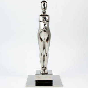 Ernest Trova (American, 1927-2007) "Flap Man": DESCRIPTION: A sculpture by American surrealist artist Ernest Trova features a stainless steel figure titled "Flap Man" crafted with mechanical appendages. The torso, back, and face swing open by