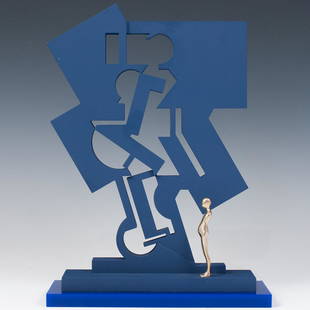 Ernest Trova (American.1927-2009) "Gox Arch" Sculpture: DESCRIPTION: A sculpture by surrealist artist Ernest Trova composed of a cold-rolled steel painted center over a blue flattened epoxy, fitted with a bronze study man figure. Marked along the bottom