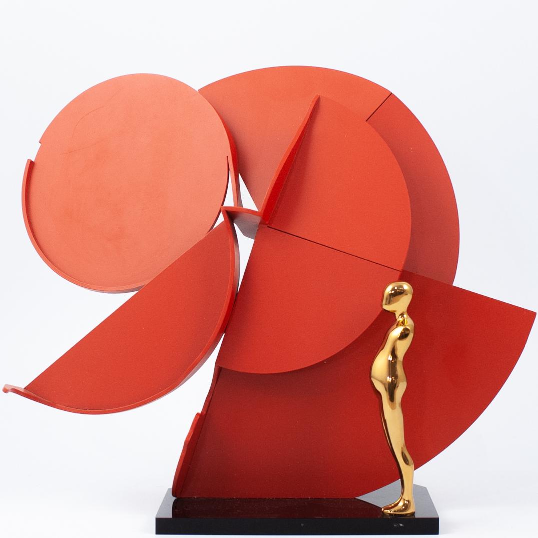 Ernest Trova (American.1927-2009) Falling Man Profile: DESCRIPTION: A sculpture by surrealist artist Ernest Trova composed of a cold-rolled steel painted center, fitted with a bronze study man figure. Marked along the bottom Edition "22/99" dated 1987 wit