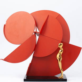 Ernest Trova (American.1927-2009) Falling Man Profile: DESCRIPTION: A sculpture by surrealist artist Ernest Trova composed of a cold-rolled steel painted center, fitted with a bronze study man figure. Marked along the bottom Edition "22/99" dated 1987