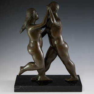 In the Manner of Fernando Botero (Colombian b. 1932): DESCRIPTION: A bronze sculpture in the manner of Fernando Botero. Features a nude couple waltzing with one another in classic Botero, hefty figured style. Fitted to a black marble base and signed on