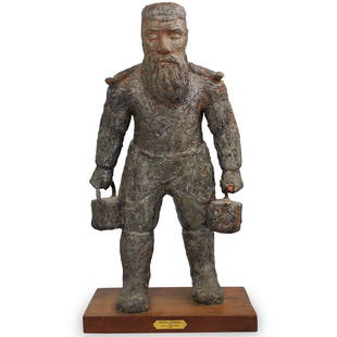 Paula Meizner (American, 20th Century) Sculpture: DESCRIPTION: A painted terracotta sculpture titled "Water Carrier" by Paula Meizner. The sculpture rests on a wood block base and signed within plaque.CIRCA: 1950sORIGIN: AmericanDIMENSIONS: H. 24" x
