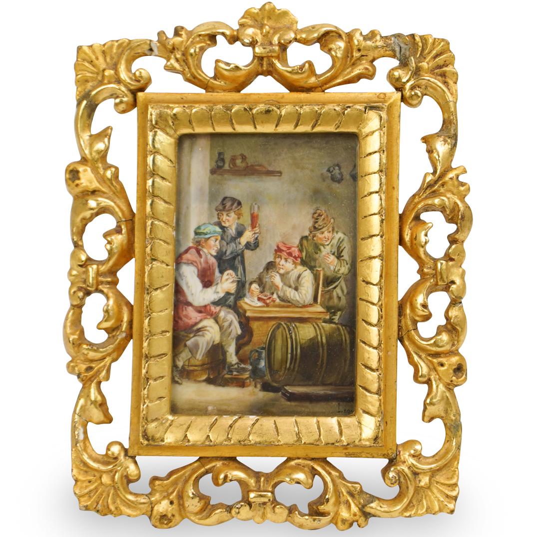 Signed Antique Painting On Bone: DESCRIPTION: An antique painting on bone depicts a group of men consorting in a pub, signed "Lizer". Encompassed by a giltwood open work frame. CIRCA: Late 19th Cent. ORIGIN: France DIMENSIONS: H: 6.2