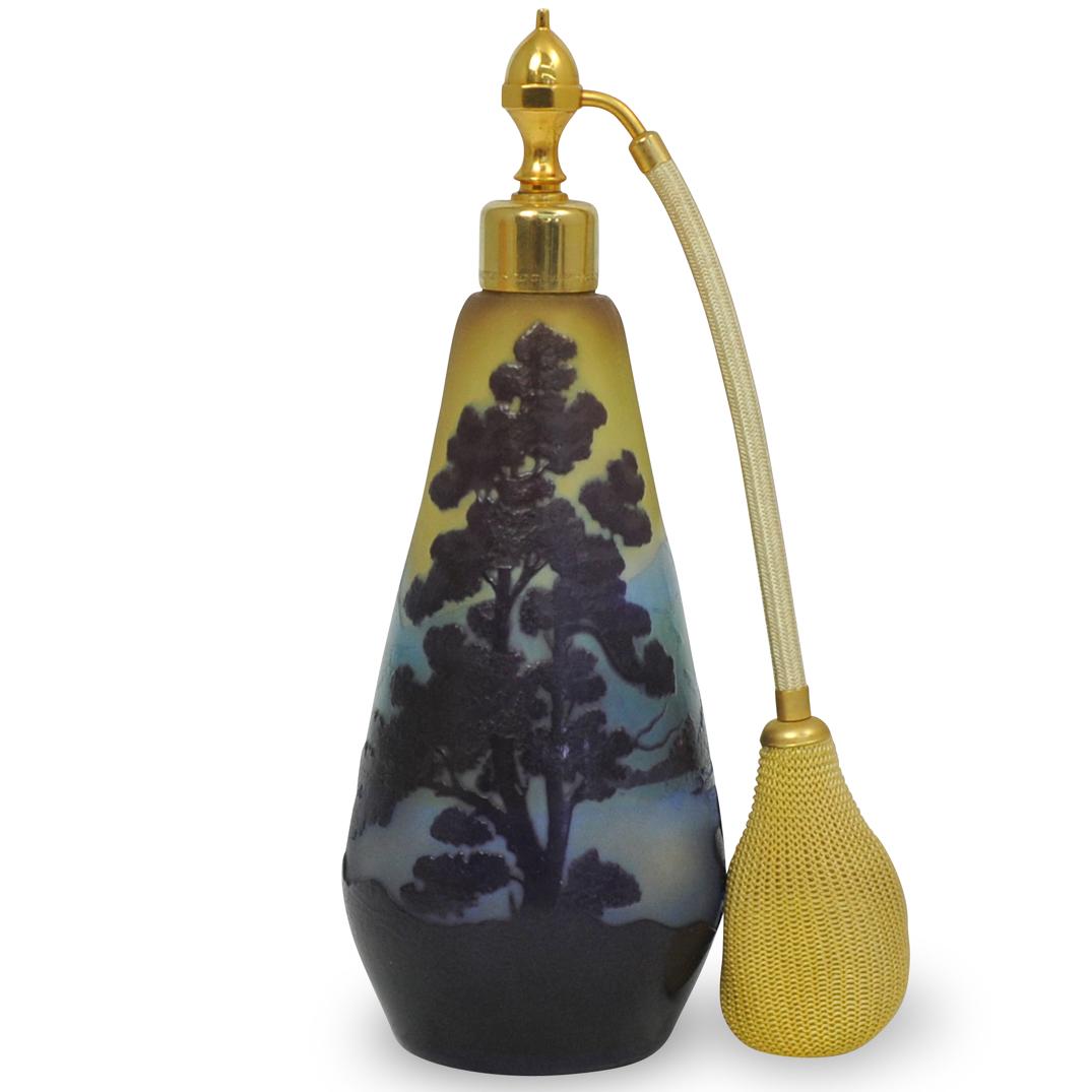 Emile Galle Cameo Glass Perfume Sprayer: DESCRIPTION: An Emile Galle perfume sprayer features frosted glass internally mottled with green, and overlaid in shades of brown and purple. Completed with a gilded atomizer sprayer and signed "Galle