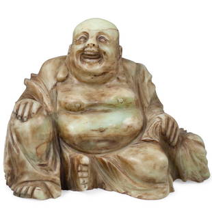 Chinese Jade Laughing Buddha: DESCRIPTION: A large Chinese Jade laughing buddha portrays the seated robed figure with elongated earlobes laughing, accented with brown tones.Ã‚ CIRCA: 20th Cent.Ã‚ ORIGIN: ChinaÃ‚
