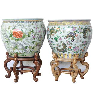 Chinese Porcelain Fishbowl Planters: DESCRIPTION: A Pair of Chinese porcelain fish bowl planter with bases. Enameled with figures in landscape on exterior, the interior with iron red goldfish amid seaweed. The planters are sitting atop