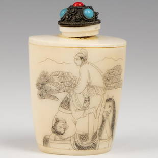 Oriental Erotic Bone Snuff Bottle: DESCRIPTION: A bone snuff bottle features double sided decorations, one side depicts an erotic scene and the other frogs sitting along pond. Finished with a metal stopper embellished with floral