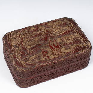 Antique Chinese Cinnabar Box: DESCRIPTION: An Antique Carved Chinese Cinnabar Box. Decorated with carved lotus flowers along the sides, top and bottom, further carvings on removable lid depicting three figures in an open