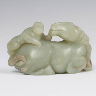 Chinese Carved Jade Figurine: DESCRIPTION: A Chinese carved jade figurine of a animal climbing along the back of a recumbent horse.Ã‚ CIRCA: 20th Ct.ORIGIN: ChinaDIMENSIONS: H:1.75" L:3" W:1"CONDITION: Great condition. See lot