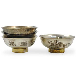 (4 Pc) Chinese Export Silver Bowls: DESCRIPTION: Four Chinese export silver bowls. Each having engraved floral decoration and chinese symbols on the body. Stamped on the underside with Chinese characters. Total weight: 280 grams.CIRCA: