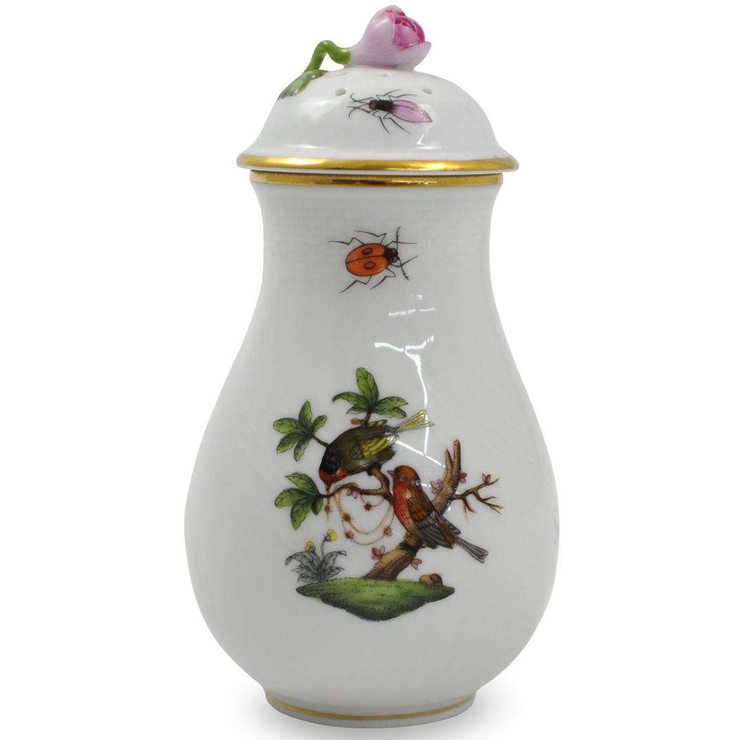 Herend "Rothschild" Porcelain Sugar Sifter: DESCRIPTION: A Herend porcelain "Rothschild" sugar sifter. Features a bulbous form embellished with soaring moths, and birds perched atop tree branches. Finished with basket weave motif textures along