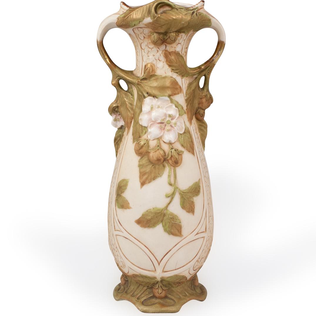 Art Nouveau Royal Dux Porcelain Vase: DESCRIPTION: An Art Nouveau 'Royal Dux' hand-painted porcelain vase. Featuring Art Nouveau relief decoration of blossoming flowers. Marked on the underside with raised pink clay triangle "Royal Dux Bo