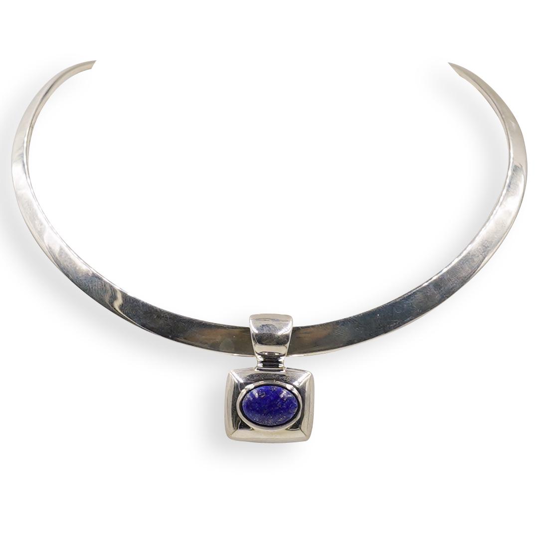 Joseph Esposito Sterling Silver Choker: DESCRIPTION: A Sterling silver choker with blue stone pendant, stamped 925 Espo/Sig for Joseph Esposito on the pendant. Choker marked "925" Weight: 54 grams. CIRCA: 20h Century ORIGIN: Italy DIMENSION