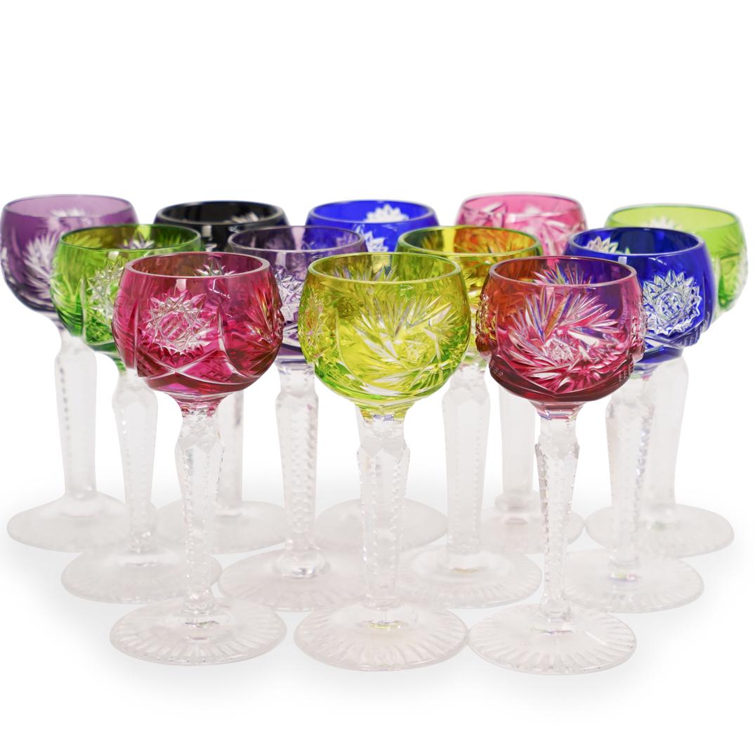 (12 Pc) Bohemian Colored Cut to Clear Liquor Glasses (1 of 3)