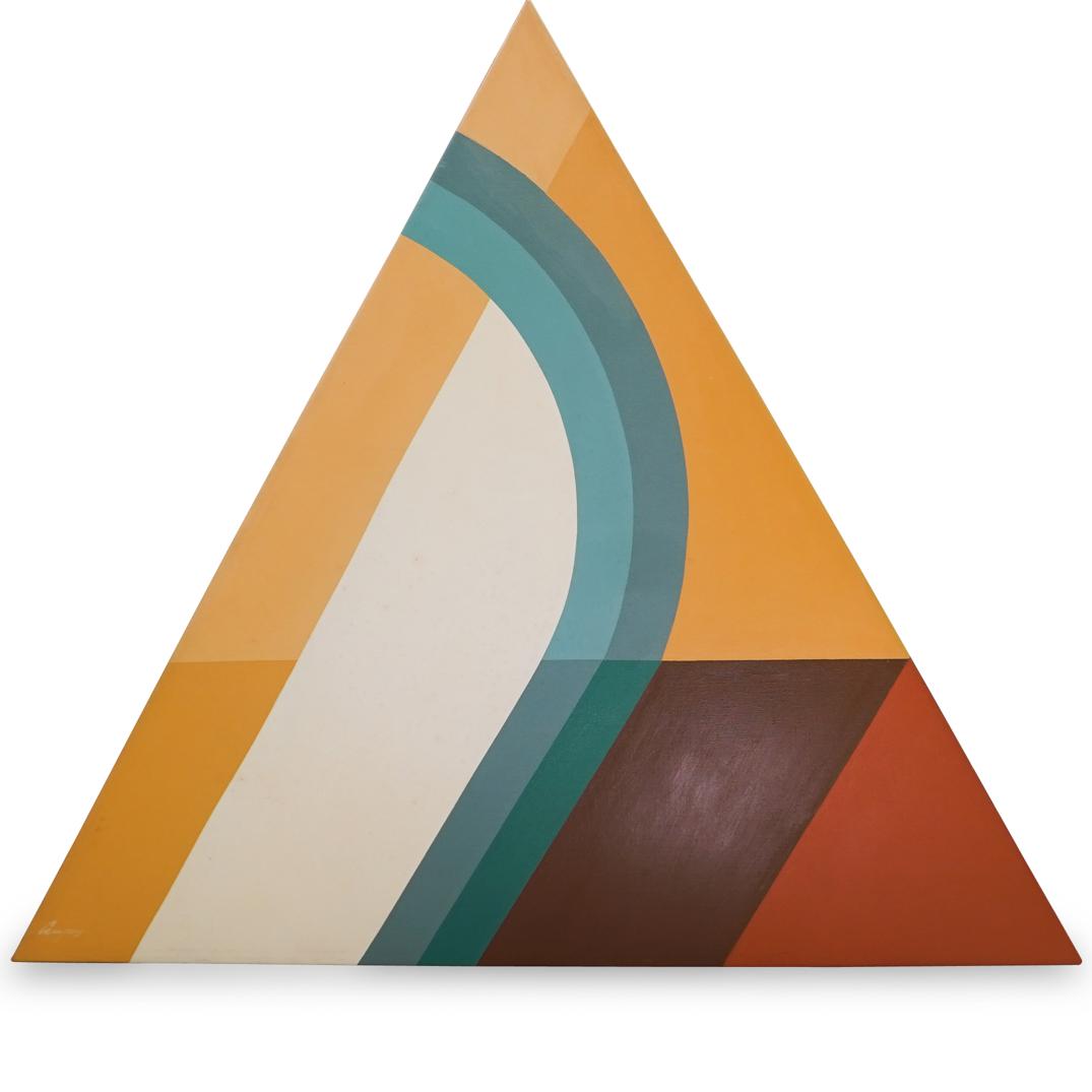 Signed Triangular Acrylic on Canvas: DESCRIPTION: An acrylic on canvas composition features geometric shapes in various colors onto a triangular shaped stretcher. Signed "Campos" CIRCA: 20th Century ORIGIN:Ã‚ DIMENSIONS: H. 39" x W. 4