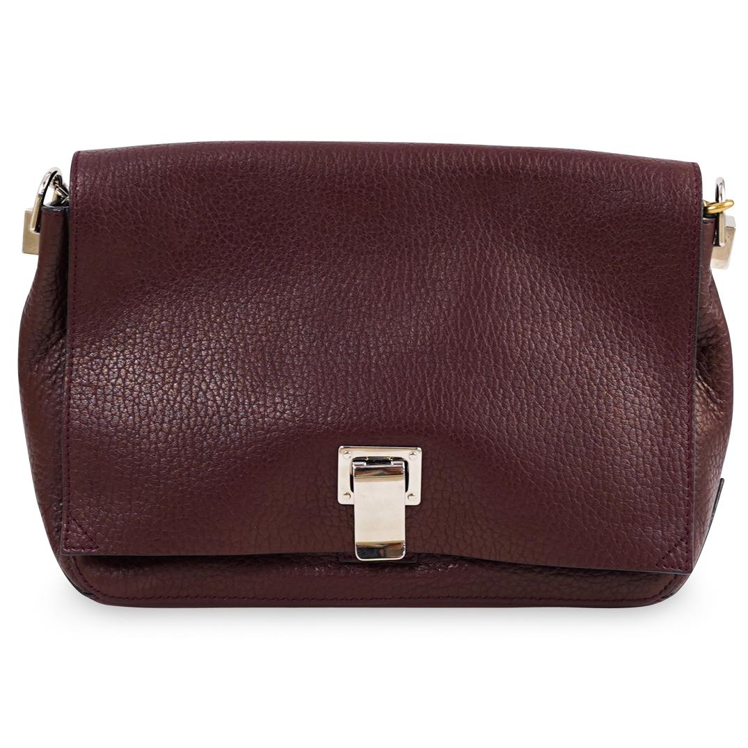 Proenza Schouler Small Courier Bag: DESCRIPTION: A Proenza Schouler PS Burgundy leather Courier bag. Crafted of pebbled calfskin leather. The bag features a half gold and half silver shoulder chain and a full facing flap and a silver sw